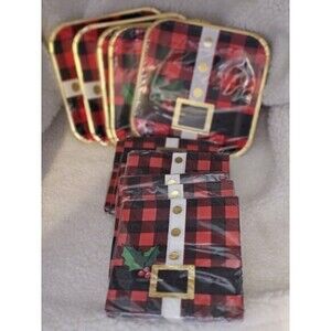 Christmas Santa Belt Party 5 pkgs Napkins & 5 pkgs Plates Set NEW Sealed Plaided